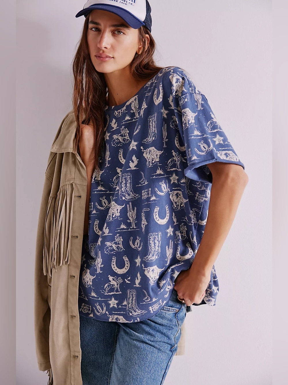 We The Free Western‎ Graphic Tee Blue Cowboy Print Oversized T-Shirt Size S
